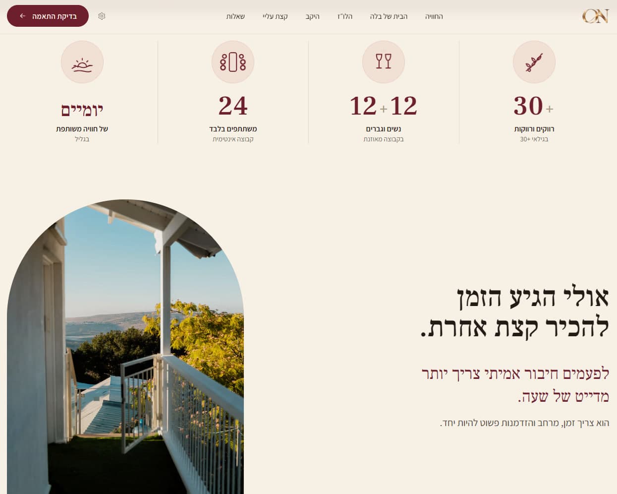 קטע מאתר ON: הריטריט במספרים, ונוף הגליל בתמונה בחלון מקושת.